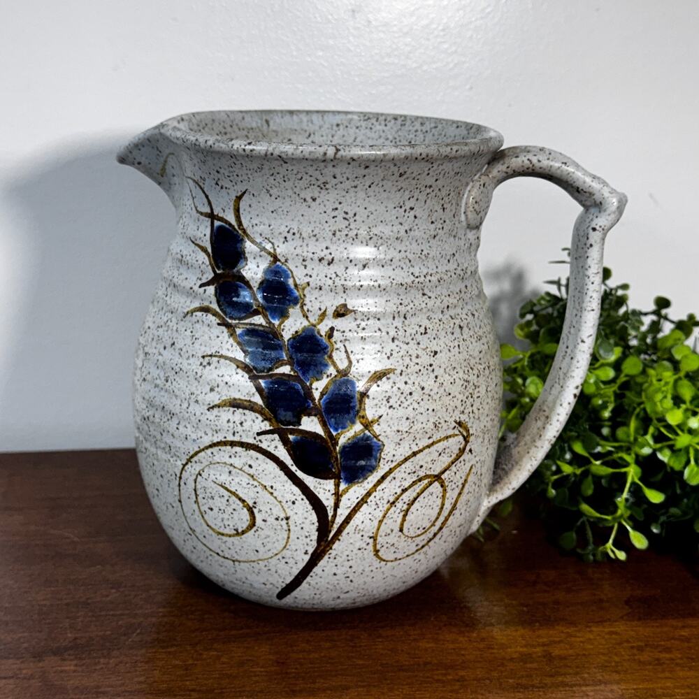 Signed Studio Art Pottery Pitcher Blue Flowers Handle Ribbed Spout Vase 7"